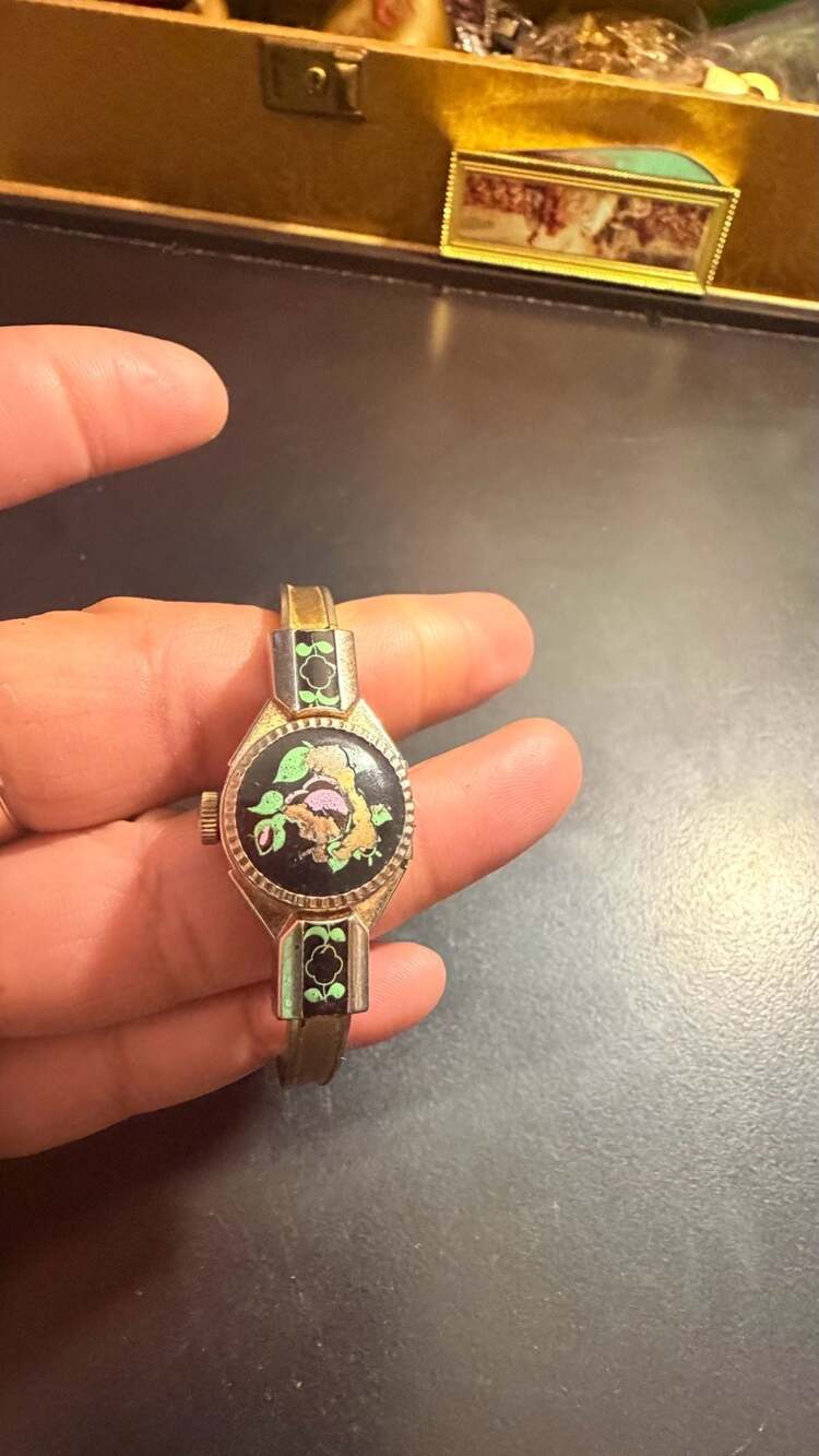 Vintage Virgin 17 Jewels Swiss Made Hinged Floral Enamel Bangle Watch